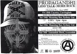 Propagandhi Australian 1997 tour flyer. It Show a picture of a 'White Nationalist' with a crossfire over his face.