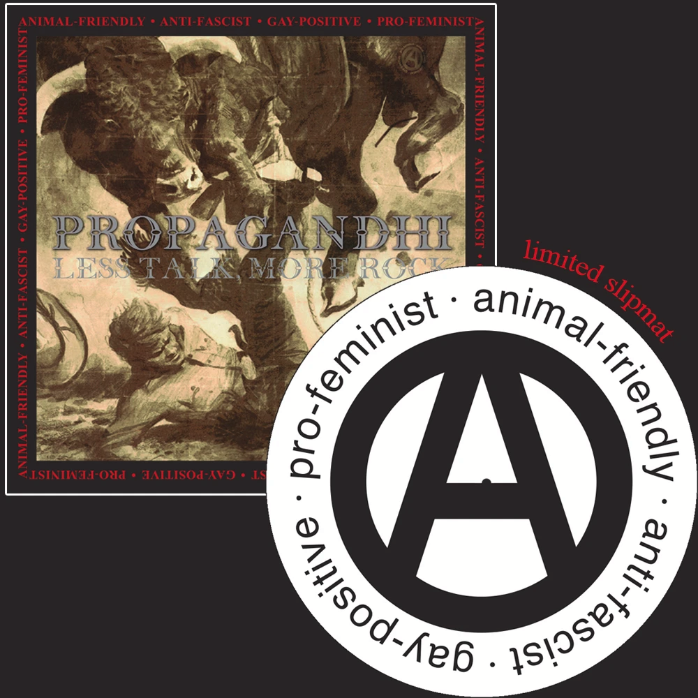 Propagandhi 'Less Talk. More Rock' album cover 1996. Inner disc-logo image that shows an Anarchist symbol, surrounded by the following phrase: "Pro-feminist, Animal-friendly, Anti-fascist, Gay-positive"